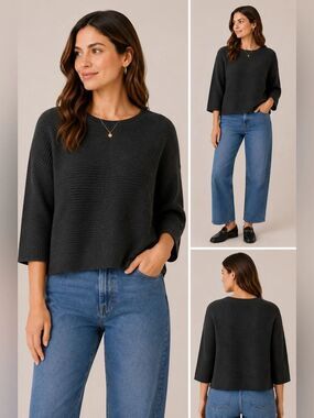 H&M Black Rib Knit Wool Blend Cropped Sweater Women’s Small 3/4 Sleeve Minimalis